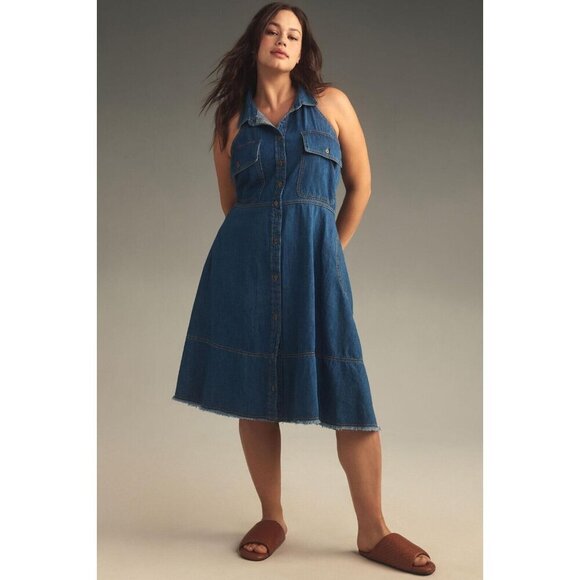 NWT Anthropologie Pilcro Sleeveless Halter Swing Midi Dress 2X Denim Blue - Picture 1 of 8